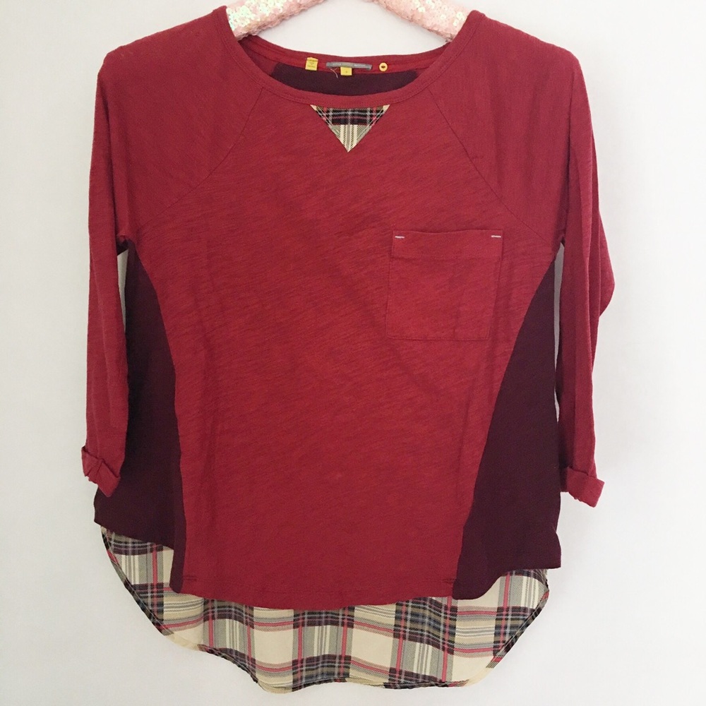 Anthropologie | Red Color-block Plaid Bottom Shirt